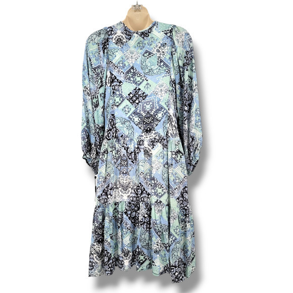 NEW Calvin Klein Women's‎ Floral Geo Print Blouson Puff Sleeve A Line Dress Blue - Picture 4 of 14